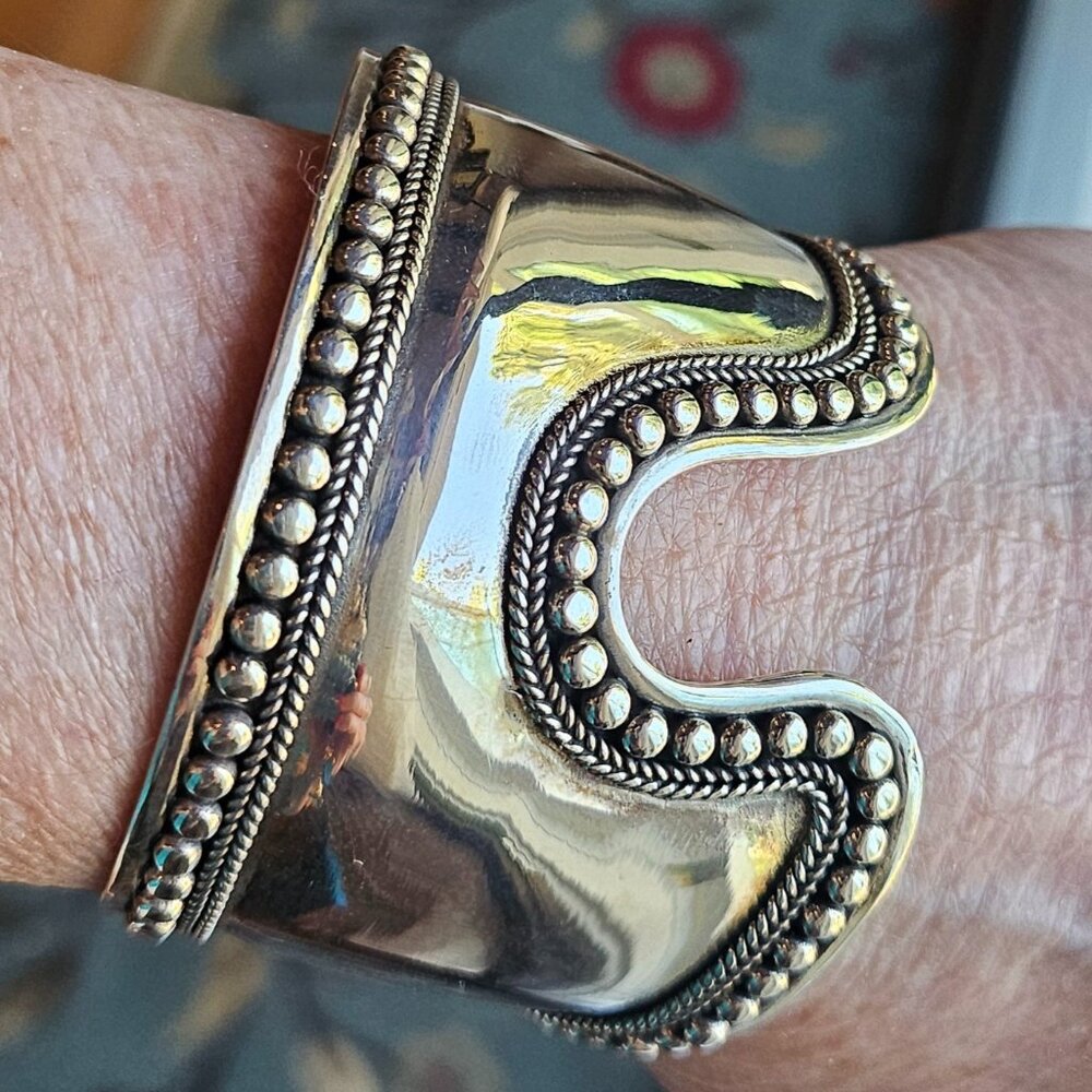 Sterling Silver 925 Embellished Cutout Bone Cuff Bracelet w/Granulation 48 Grams